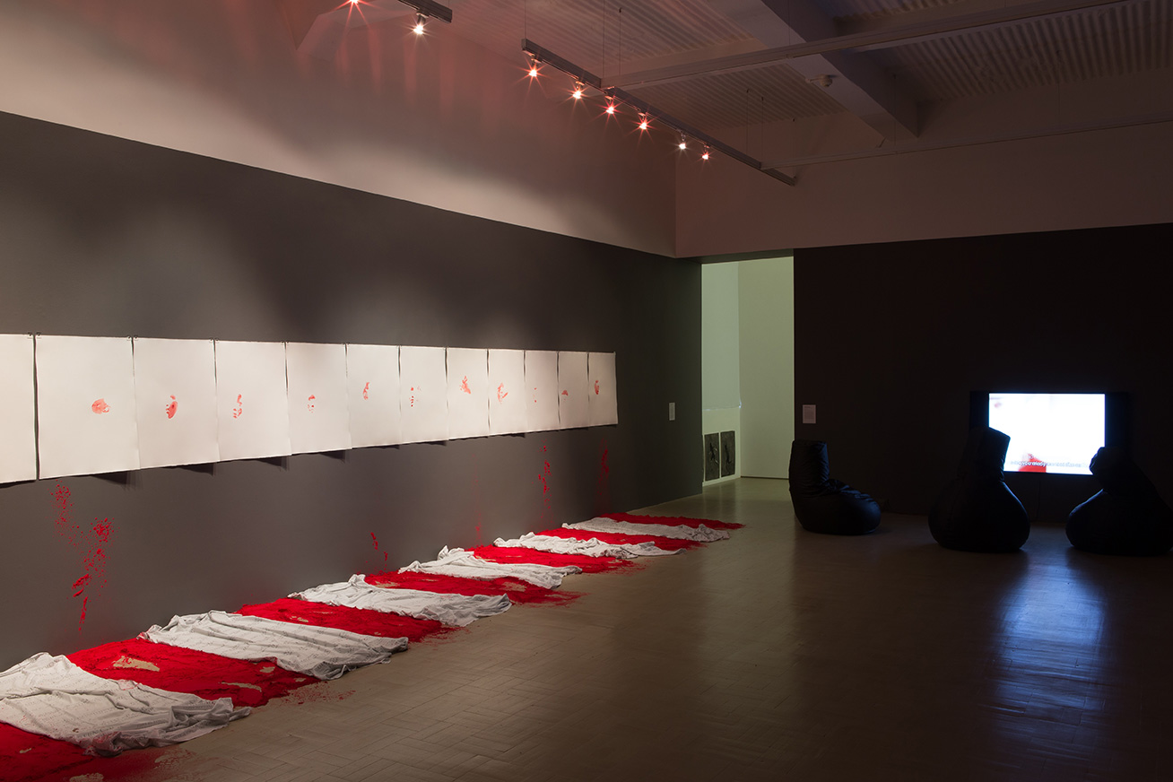 Installation view with works by Buhlebezwe Siwani, Unathi Sigenu and Akram Zaatari, Stevenson, Cape Town