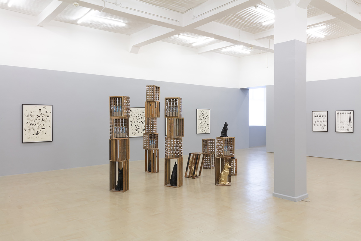 Installation view with I Was Never Here (Blackout) (foreground)