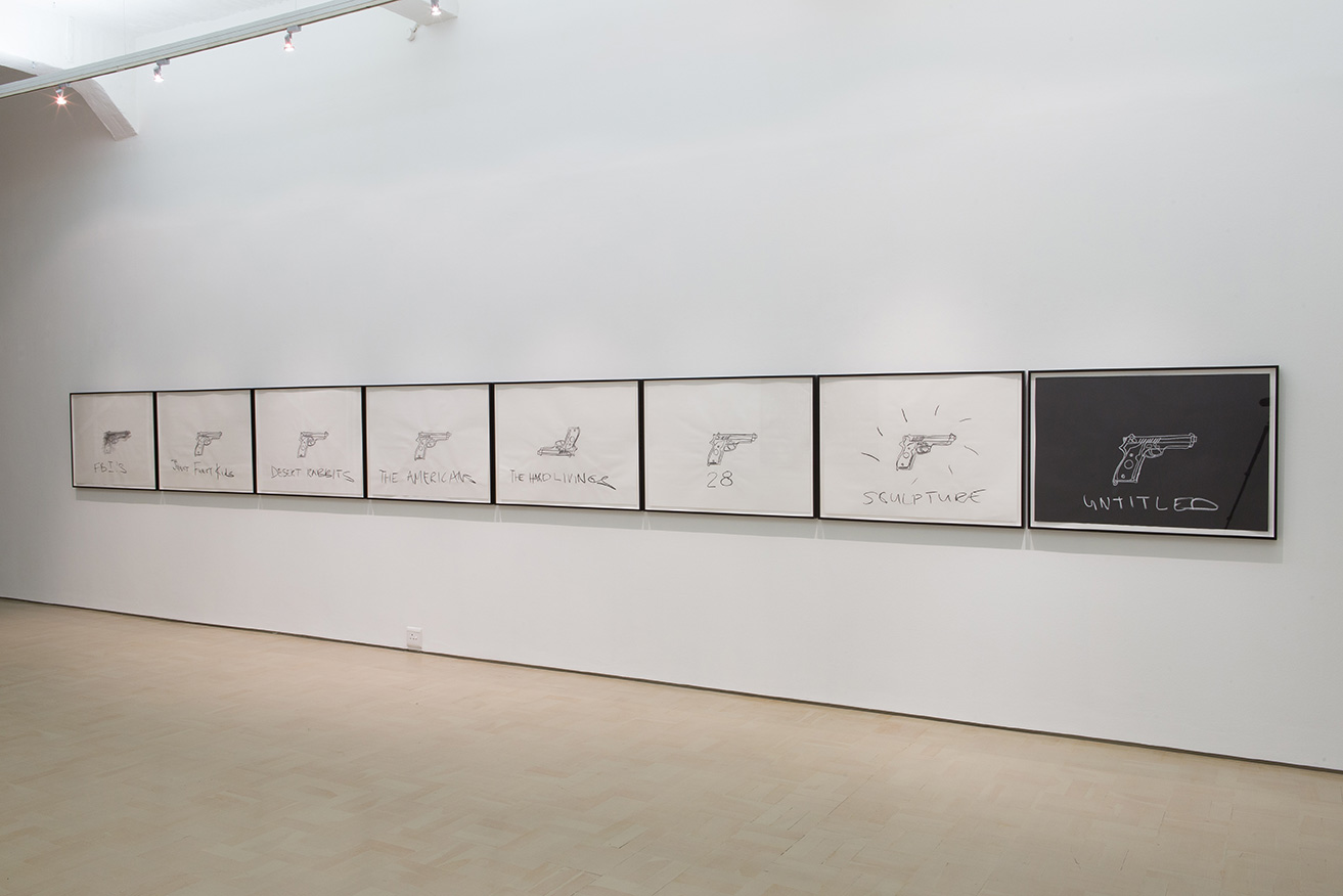Installation view of Robin Rhode's Gun Drawings, Stevenson, Cape Town