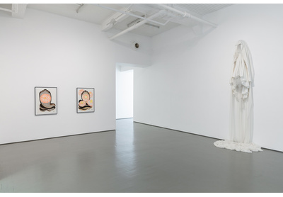 Installation view with (left) Shine Shivan, <em>Nandan</em> series; (right) Jane Alexander, <em>Attendant</em> (2008-10)