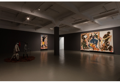 Installation view with (left) Jane Alexander, <em>Harbinger</em> (2004) with <em>ghost</em> (2007) and <em>hobbled ruminant</em> (2003-04); (right) Shine Shivan, <em>Nandan</em> and <em>Gehvarvann</em>